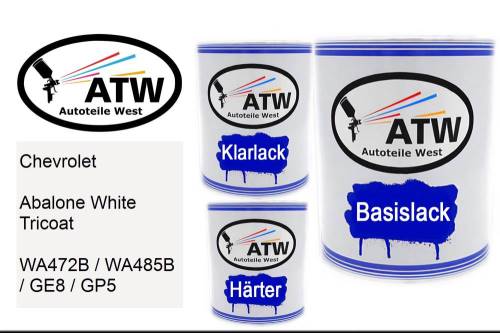 Chevrolet, Abalone White Tricoat, WA472B / WA485B / GE8 / GP5: 1L Lackdose + 1L Klarlack + 500ml Härter - Set, von ATW Autoteile West.